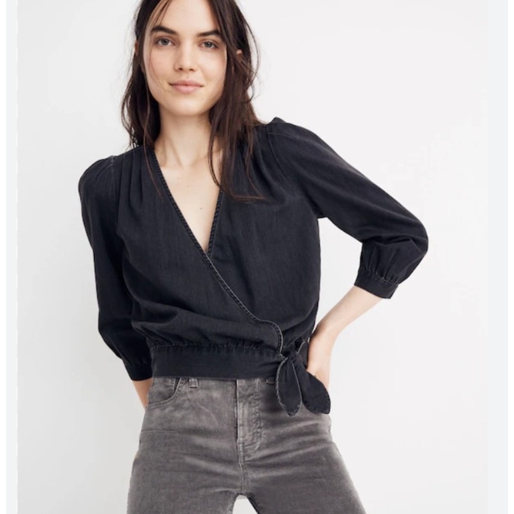 Madewell‎ Wrap Top Black Denim Side Tie 70s Cropped Blouse K3810 XXS